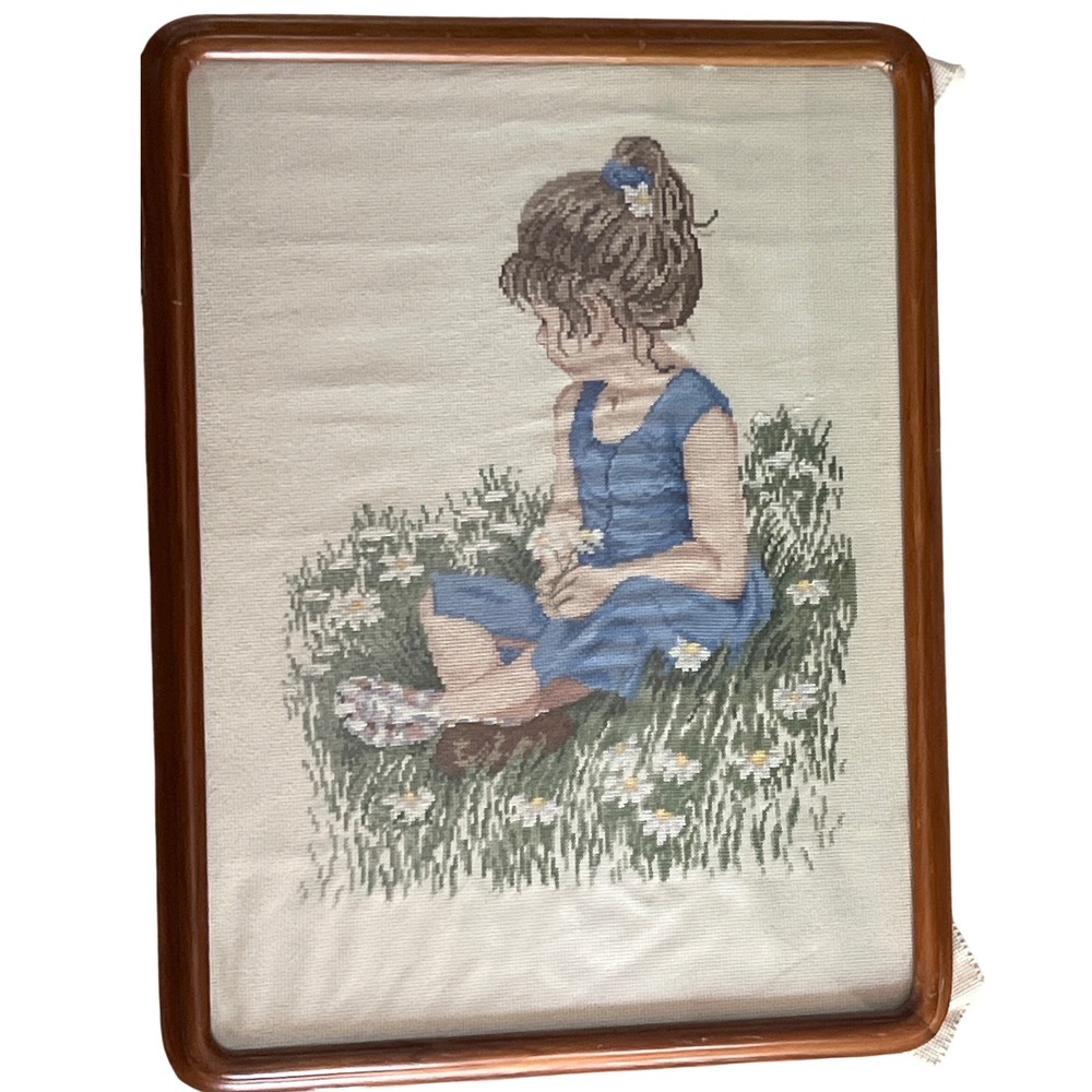 Vintage Framed Cross Stitch Girl in Blue Dress Daisy Field Needlepoint Wall Art
